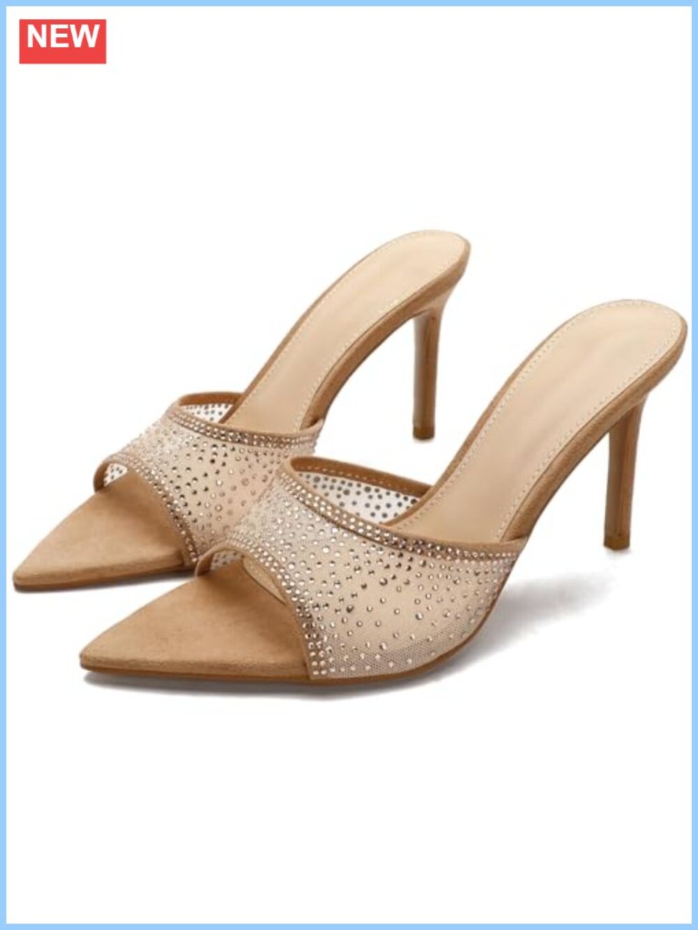 Women's Mesh Rhinestone Pointed Toe Stiletto Slingback Heeled Sandals for Party